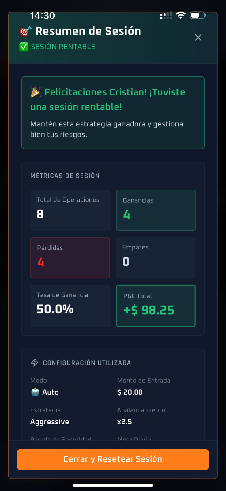 Resultados de Sesión